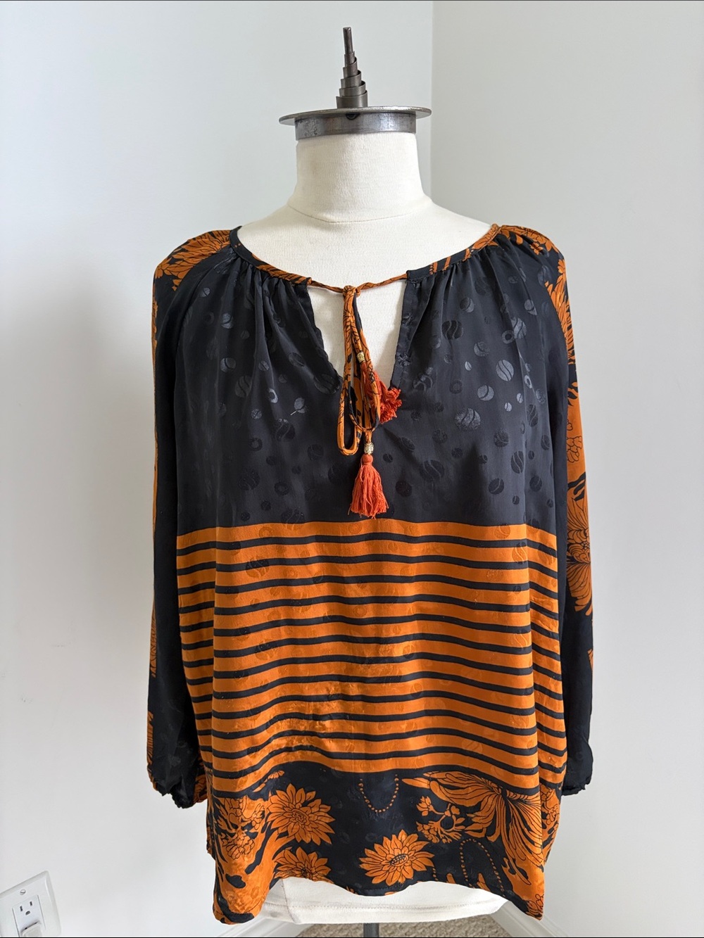 GURU Orange & Black Floral Tassel Tie Long Sleeve 100% Silk Blouse– Size S/M
